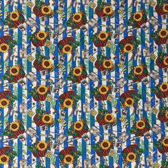 Vintage Floral Tablecloth Gardening Sunflower Blue White Stripes Joe Boxer 90s - Picture 3 of 6